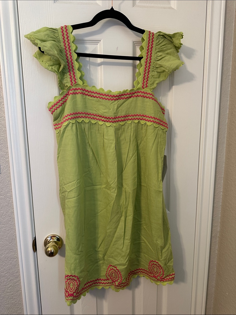 Lime Green Mini Dress with Pink Trim - Sleeveless Ruffle Detail